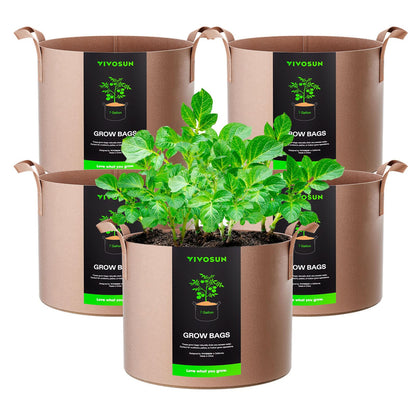 VIVOSUN 5-Pack 7 Gallons Grow Bags Heavy Duty Thickened Nonwoven Fabric Pots with Strap Handles Tan