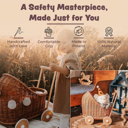Wiklibox Natural Rattan Doll Stroller - Hand Made in Europe - Fits 17" Dolls & Plush Toys - Wicker Doll Pram & Baby Walker with Bedding Set - Perfect for Imaginative Play
