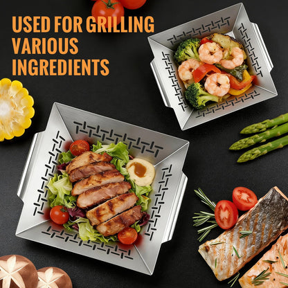 2 Pack Vegetables Grill Baskets for Veggies,Grill Basket for Outdoor Grill,Stainless Steel Grill Basket,Grilling Accessories for & Smokers,14"x12.5",white