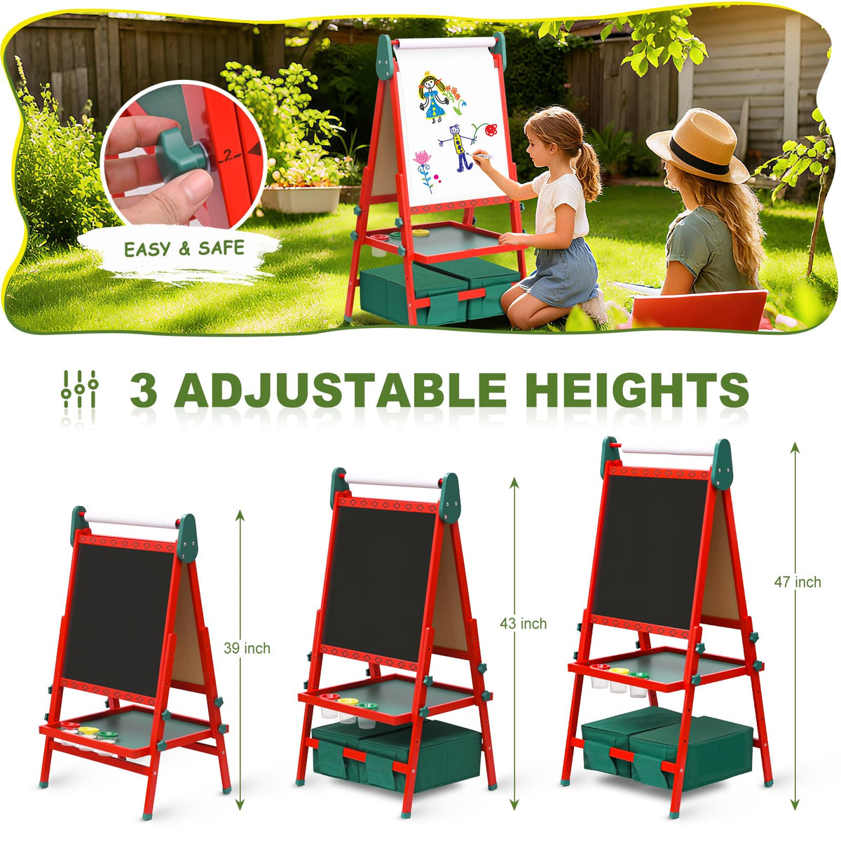 BBV Kids Wooden Easel with Paper Roll, Adjustable Magnetic Double Sided Drawing Board Whiteboard & Chalkboard Dry Easel Board, Children Art Easel for 3~12 Years Kids Boys Girls Painting Drawing（Red）