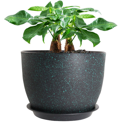 UOUZ 12inch Large Plant Pot, Modern Plastic Planter with High Driange Holes and Saucer for Indoor Outdoor Garden Plants and Flowers, Black with Green Speckles