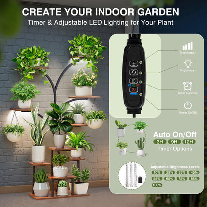 VECELO Plant Stand with LED Light, 10-Tier Indoor Plant Shelf with Supplemental Lighting, Metal Frame & Wood Shelves with Hanging Hooks, Space-Saving Plant Rack for Living Room or Corner Display