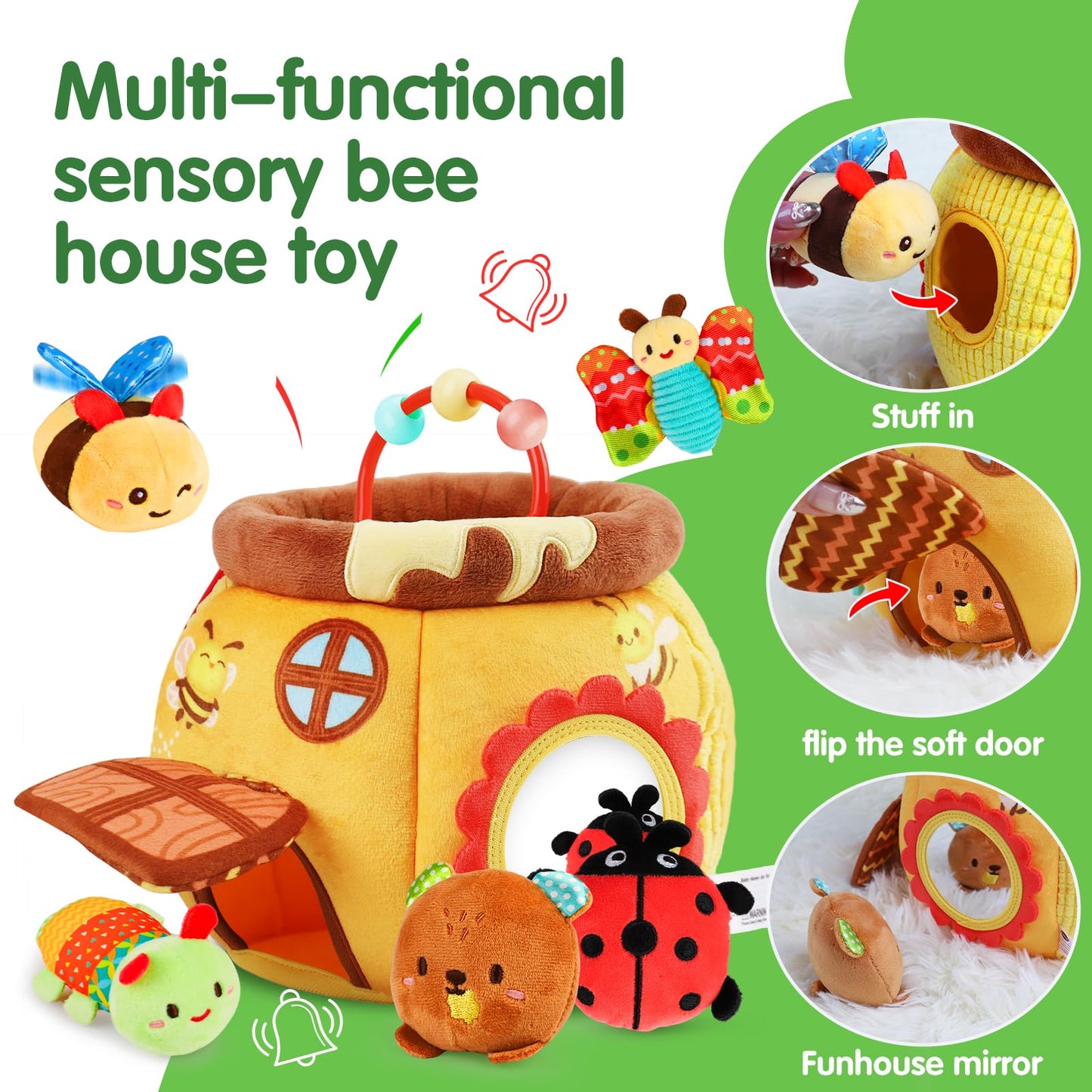 Thremhoo Baby Toys 6-12 Months - Soft Beehive with 5 Stuffed Animals, Rattle, Crinkle, Mirror, Montessori Sensory Toys for Babies 6 7 8 9 10 Months Old Baby Boy Girl Shower Gifts Ages 0-2