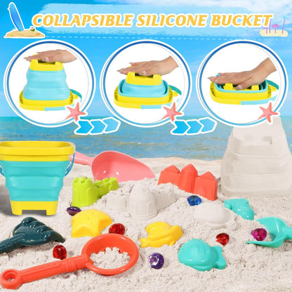 Beach Sand Toys for Kids,Sand toys with 2 Collapsible Beach Bucket,2 Beach Sifter Shovel,Sand Shovel Set,Sand Castle Kit,Sea Animal Molds,Diving Gem Pool Toy,Mesh Bag Travel Toys for Toddler 3-10