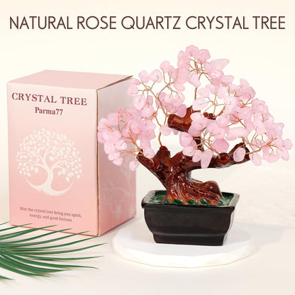 Parma77 Feng Shui Natural Rose Pink Quartz Crystal Money Tree, Healing Crystal Trees Bonsai Style Decoration for Wealth and Luck for Home Decor, Gifts for Women