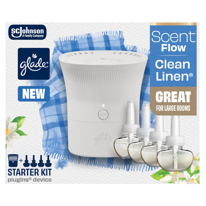 Glade Scent Flow PlugIns Air Freshener, Clean Linen, 1 Device + 4 Refills, 2.61 fl oz