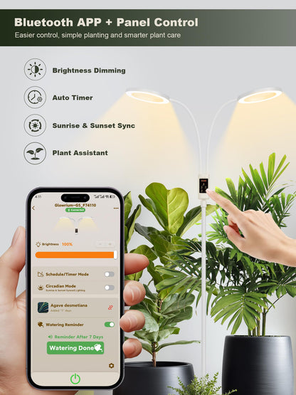 GLOWRIUM Smart Grow Lights for Indoor Plants, 48W Full Spectrum Plant Lights with Bluetooth App, Adjustable Height 47-70.9", Auto Timer, Indoor Plant Lamp for Large Tall Plants（White 48W）