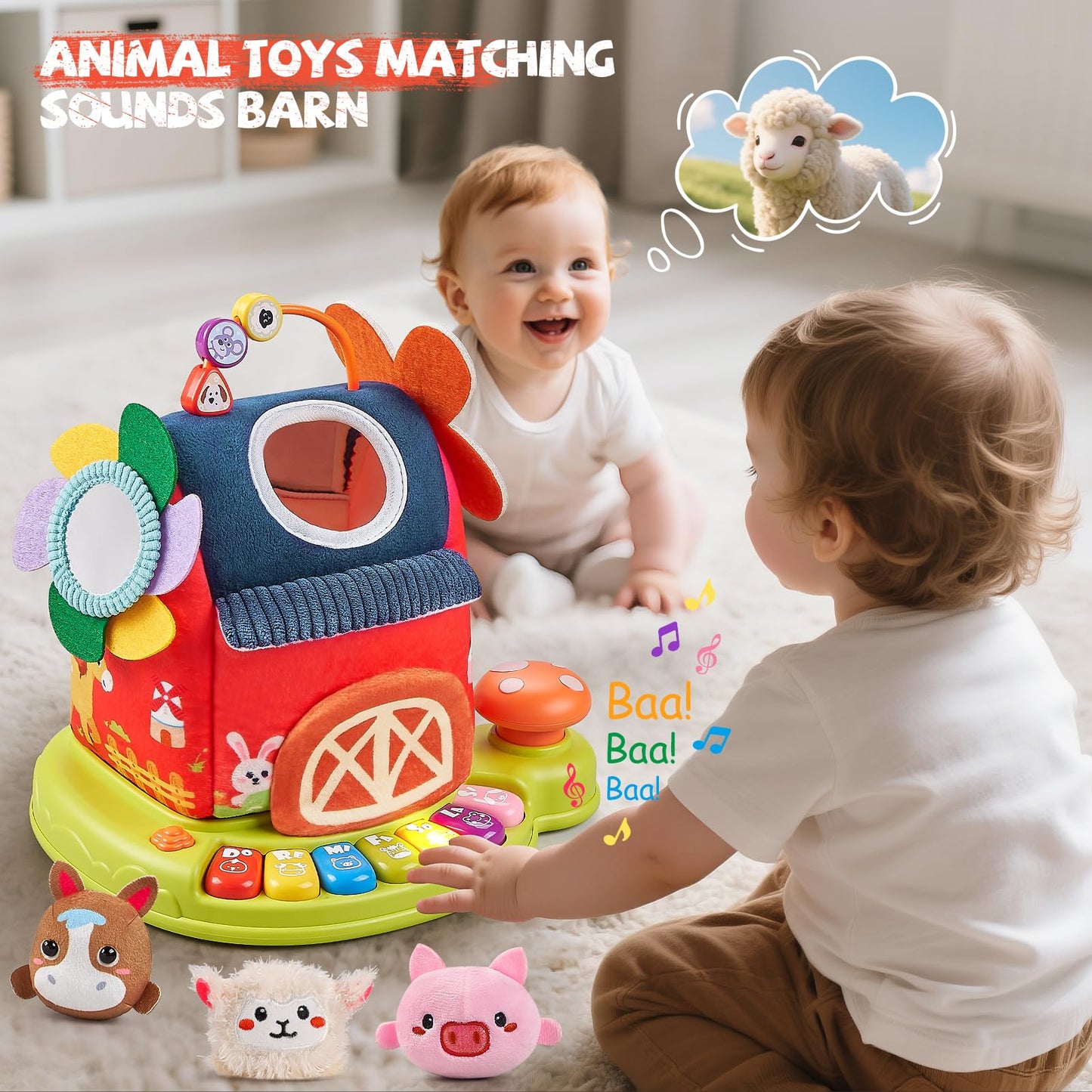 Vanvimen Musical Baby Toys 6-12 Months, Surprise Barn with 7 PCS Stuffed Farm Animals, 4 Mode Sound and LED Lights, Montessori Sensory Toys for 6 12 Months, Ideals 6 7 8 9 Month Old Baby Gifts Toy