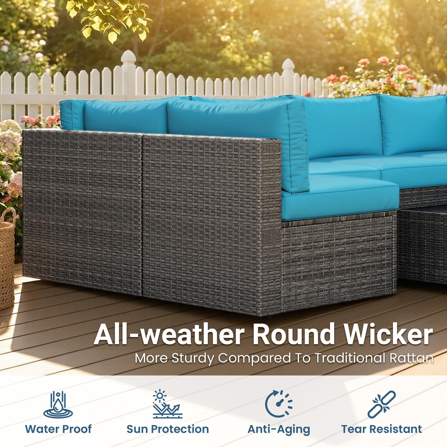 May in Color 7 Pieces Wicker Outdoor Patio Furniture Set, Patio Sectional Sofa with Coffee Table, All-Weather Outdoor Sectional Furniture for Garden Backyard, Light Blue