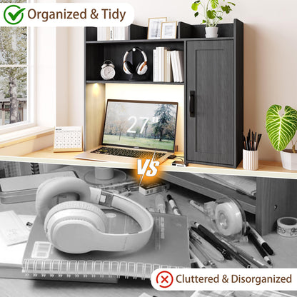 Homiflex Desktop Bookshelf, Wooden Desk Hutch with LED Lights, Desktop Shelf with 6 Shelves and Power Outlets, Office Desk Organizer, Over Desk Storage Shelves for Dorm, Home, Grey
