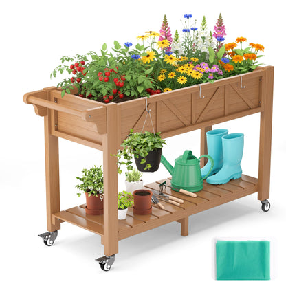 HIPS All-Weather Raised Garden Bed with Legs,47.2"L x 17.3"W x 29.7"H Large Elevated Planter Box with Wheels & Handle,Raised Bed Planters with 3 Hooks & Non-Woven Liner for Vegetables Flower Herb