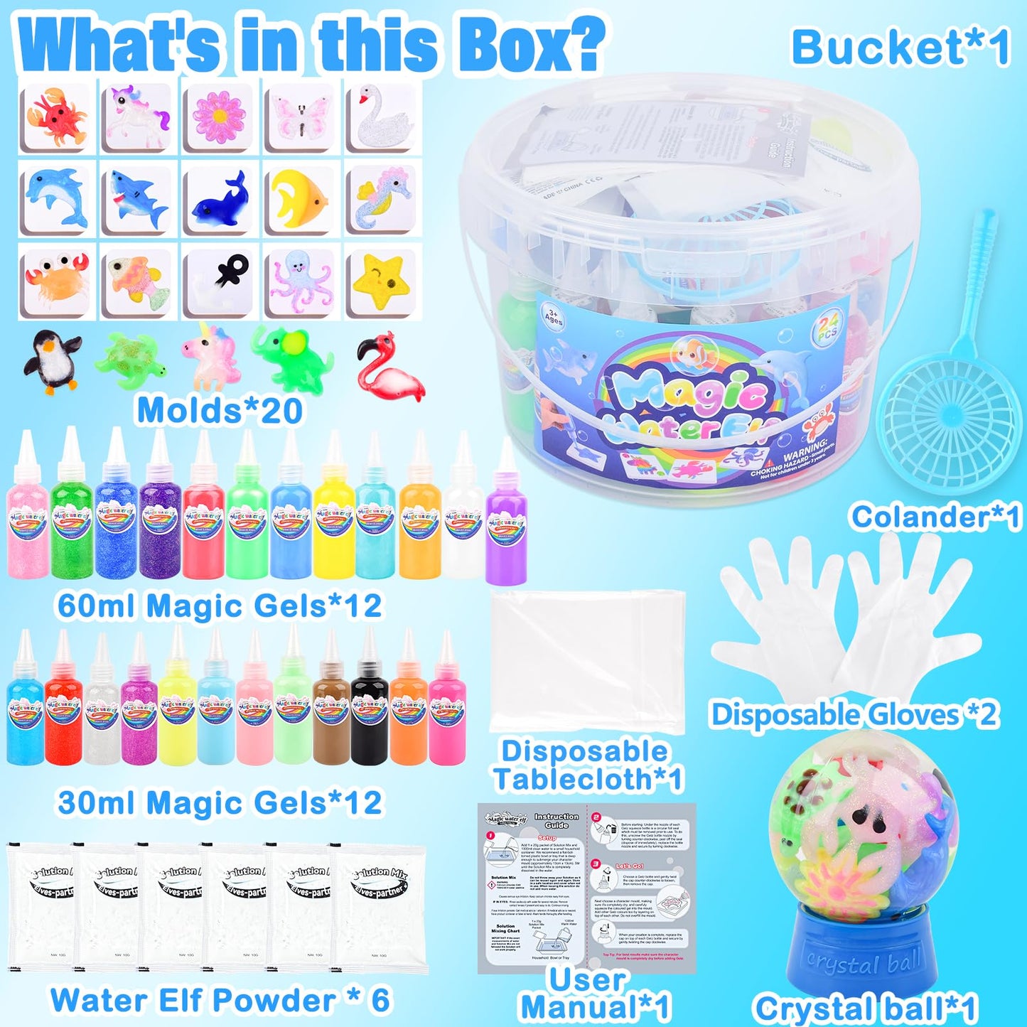 Magic Water Elf Toy Kit for Kids – Aqua Fairy Water Gel Kit with 24 Colors Magic Gel & 20 Molds, DIY Squishy Maker Craft Set, Create Your Own Water Pets, Sensory Play Gift for Boys Girls Ages 3+