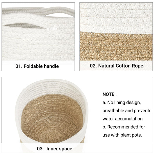 Dahey Jute Spliced Cotton Rope Plant Basket Modern Woven Storage Basket for 12" Floor Indoor Planter, Decorative Flower Pots Cover Laundry Bin with Handle Rustic Home Decor, White and Beige
