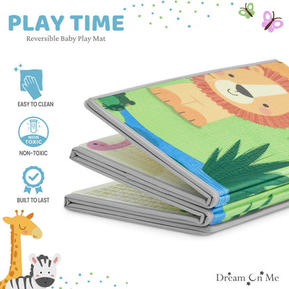 Dream On Me Play Time Reversible Baby Play Mat Foldable Extra Large Thick Foam Crawling Playmats for Toddlers Waterproof Portable Playmat, Happy Feet