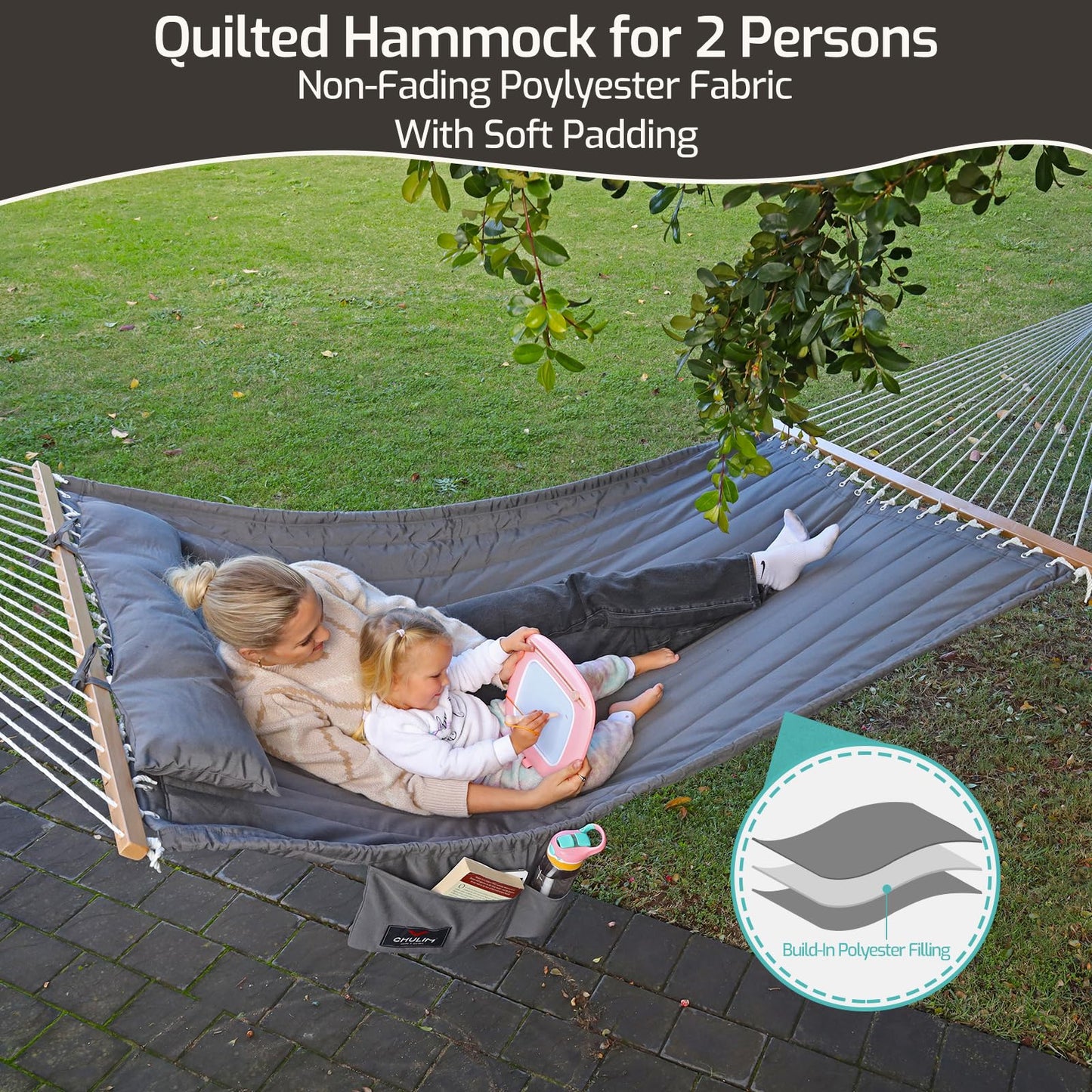 CHULIM Double Quilted Fabric Hammock with Hardwood Spreader Bars and Pillow 450 LBS Capacity 2 Person Large Hammock for Outdoor Patio Backyard Poolside - Terracotta