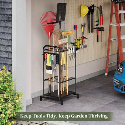 PULIJIAJU Garden Tools Organizer Rack, Yard Tool Rack, Heavy Duty Steel Yard Tool Organizer and Storage Holder Broom Holder for Shed, Patio, Outdoor (Rack with Hooks)