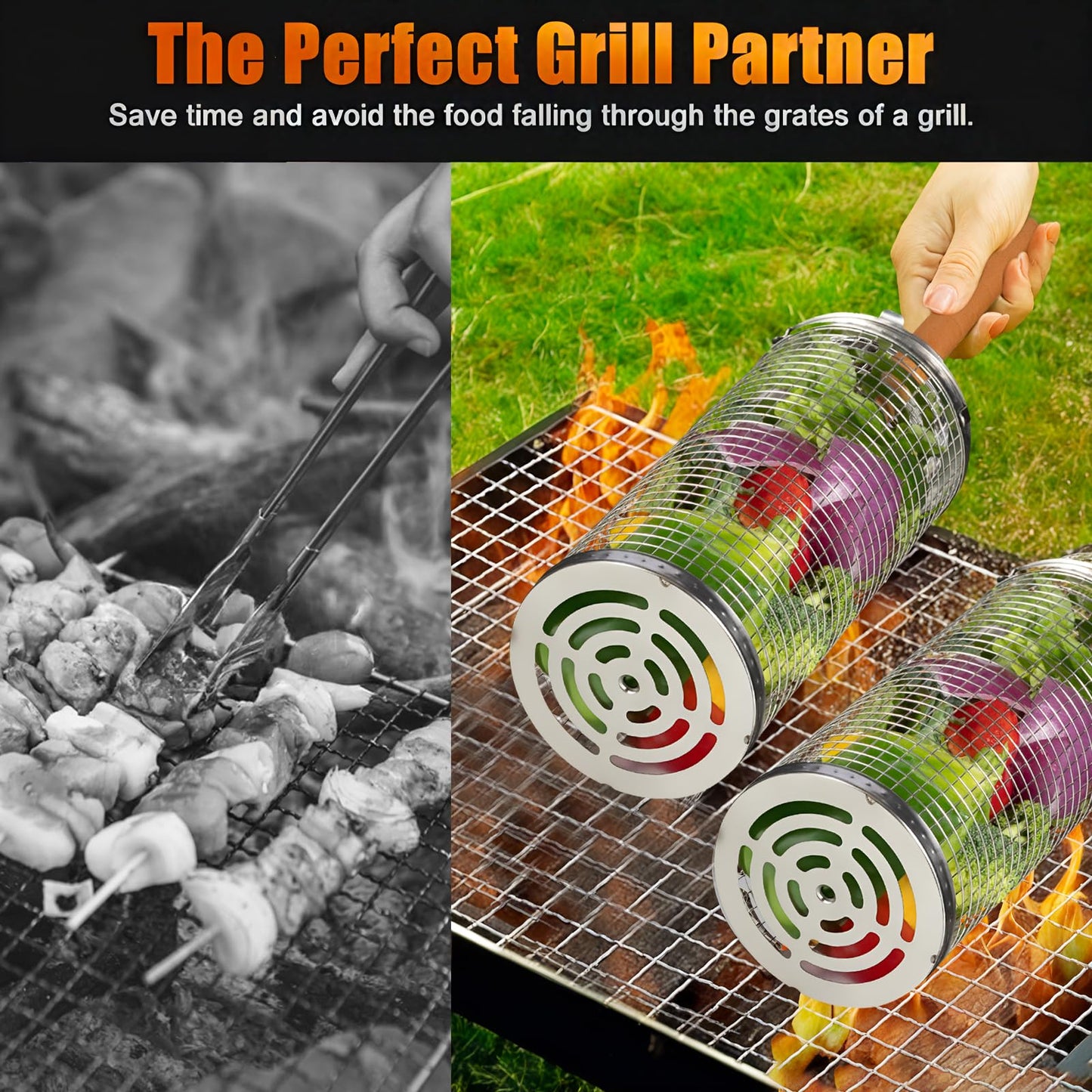 FrutPunch Grill Basket 2 Pcs, Stainless Steel Grilling Accessories,Rolling Grill Baskets for Outdoor Grill with Wooden Handle, Practical Grilling Gifts for Men (2PCS(A Large and A Medium))
