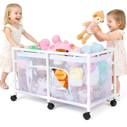 FIOBEE Toy Box for Girls Boys with See-through Mesh & 360° Rotating Wheels Toy Chest Organizer Easy Install Stuffed Animal Storage for Nursery Playroom Toy Storage Bin, White