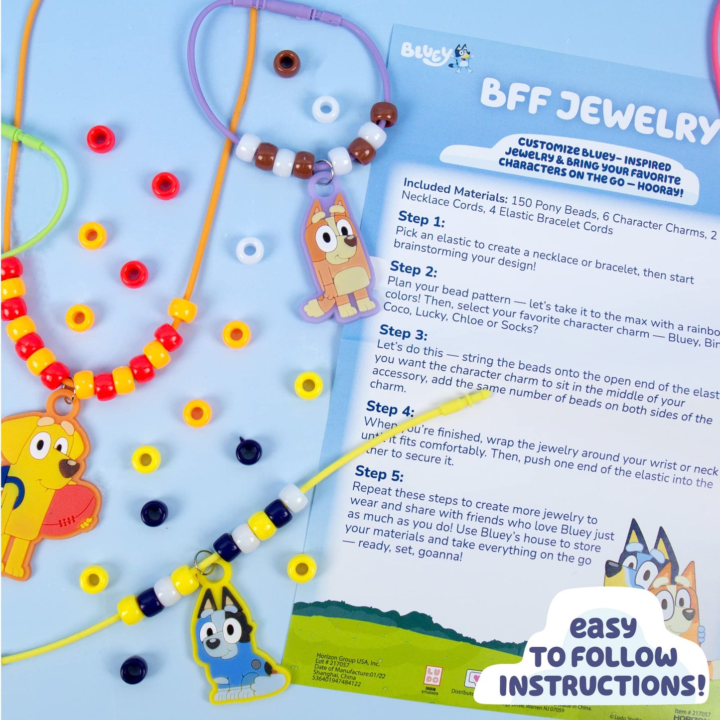 Bluey Friendship Jewelry, Create 4 Charm Bracelets & 2 Charm Necklaces, Includes 150 Beads & 6 Rubber Charms with Storage Case, Gifts for Kids Boys Girls