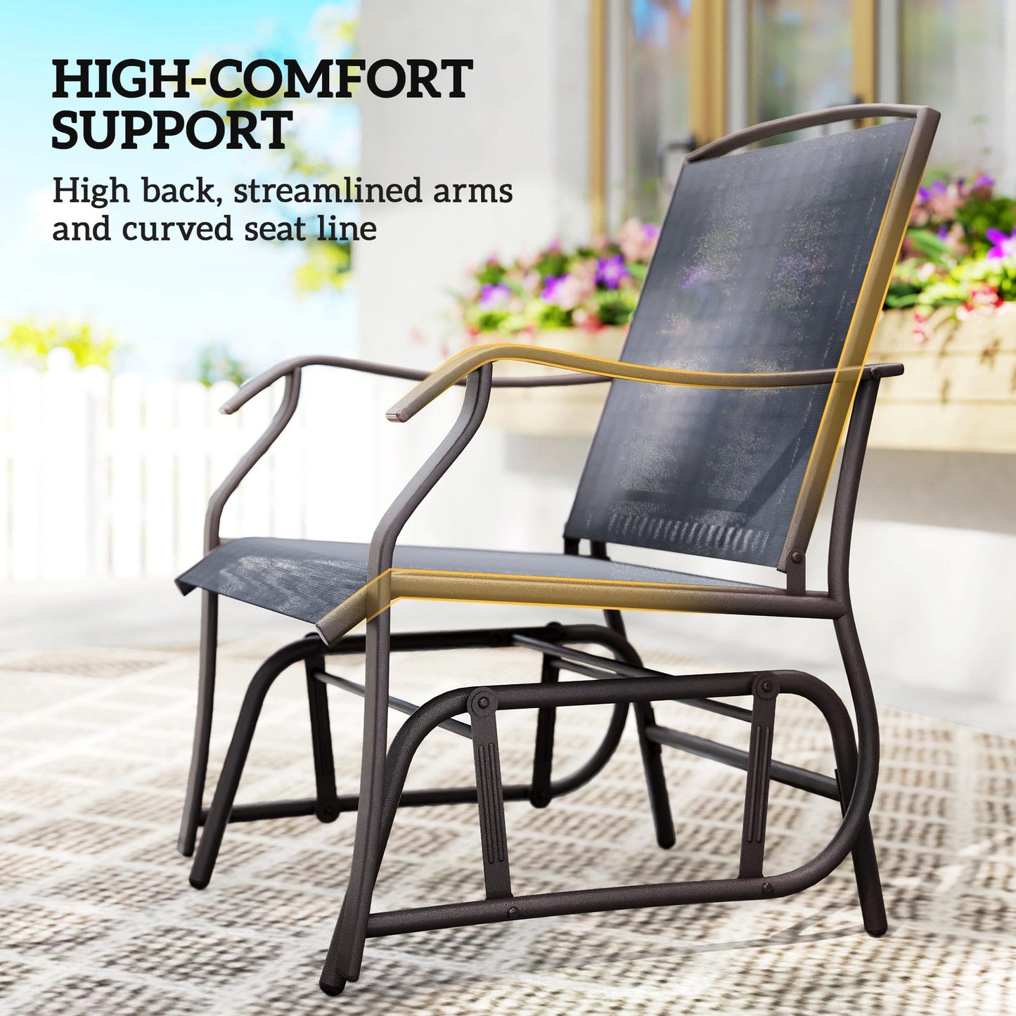 Outsunny 3 Piece Outdoor Glider Chair with Coffee Table Bistro Set, 2 Patio Rocking Swing Chairs with Breathable Sling Fabric, Glass Tabletop, for Backyard, Garden and Porch, Gray