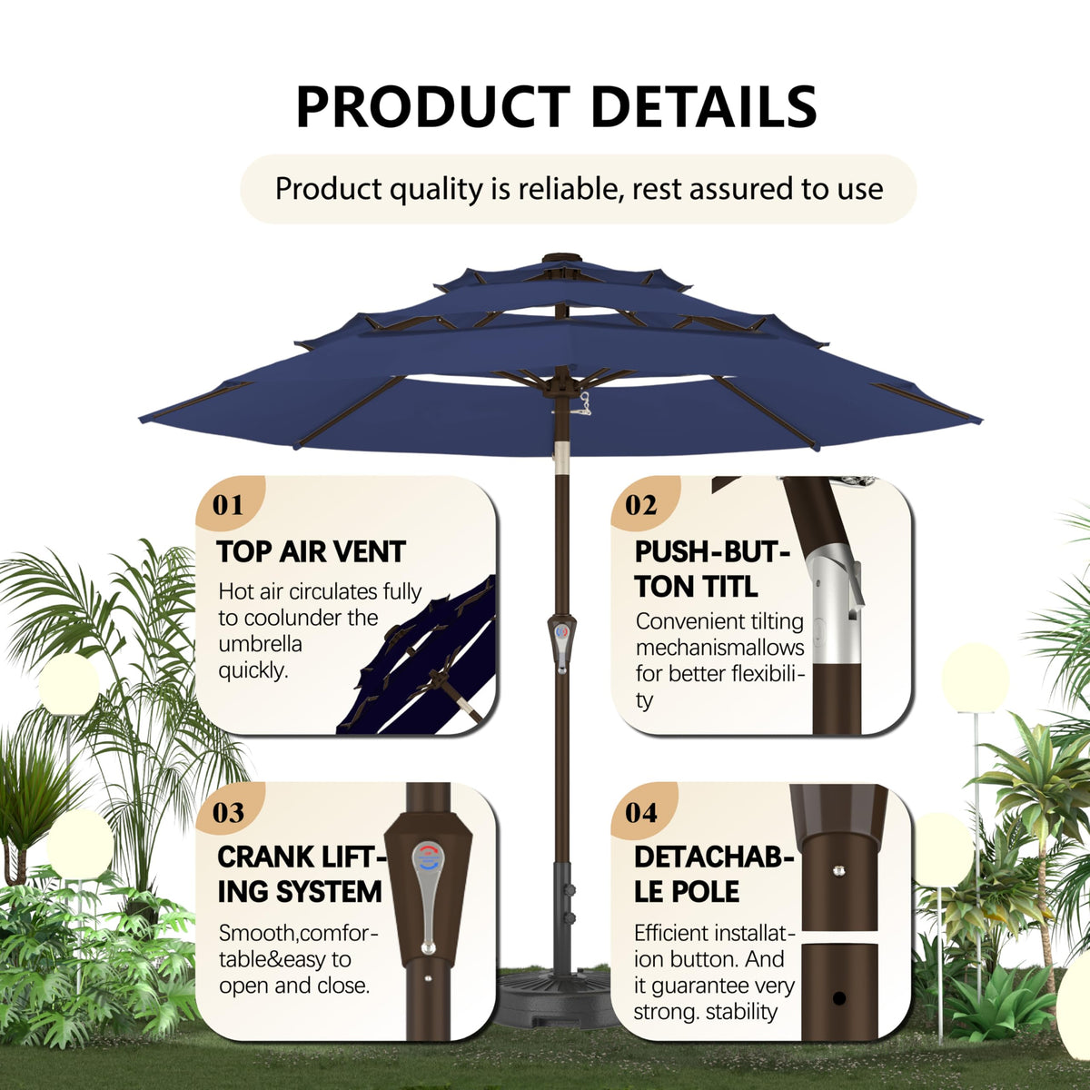 Ayge 9FT 3-Tier Large Outdoor Patio Umbrella Market Table Umbrella-UV Resistant,Easy Push Button Tilt and Crank,8 Sturdy Fiberglass Ribs Heavy-Duty Pool Umbrella for Deck,Backyard,Garden,Yard,Navy