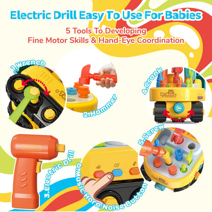 Lechonix Toddler Tool Set—Excavator Take Apart Toys with Electric Drill & Screwdriver & Wrench, Montessori STEM Learning Pretend Construction Toy for 1-6 Years Old Kids Birthday Gift, Musical & Light