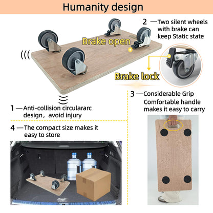 HBFBDRCT Furniture Dolly 4 Wheels, Furniture Movers, 2 Packs 2200 lb Load Capacity Heavy Duty Real Wood Dolly, Multifunctional Moving cart with 4 Soft Rubber Silent Wheels （2 with Brake+ 2 Without）