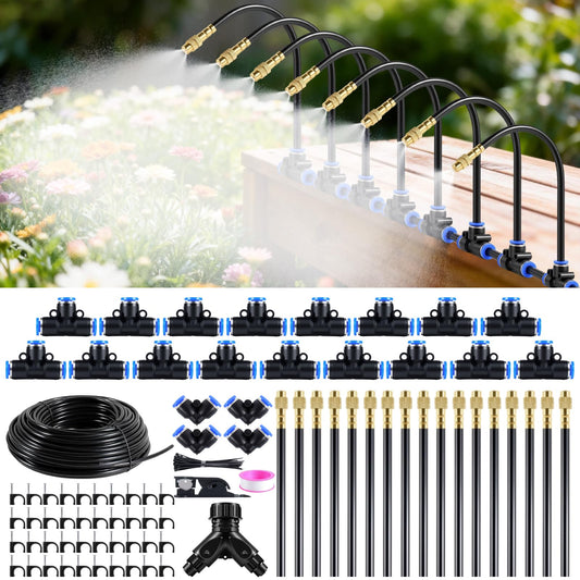 Qzefmlix 100FT Drip Irrigation System,Garden Watering System with 17 Copper Nozzles&1/4" Tubing, 360° Adjustable Irrigation System for Garden,Automatic sprinklers for Yard,Raised Beds&Greenhouse