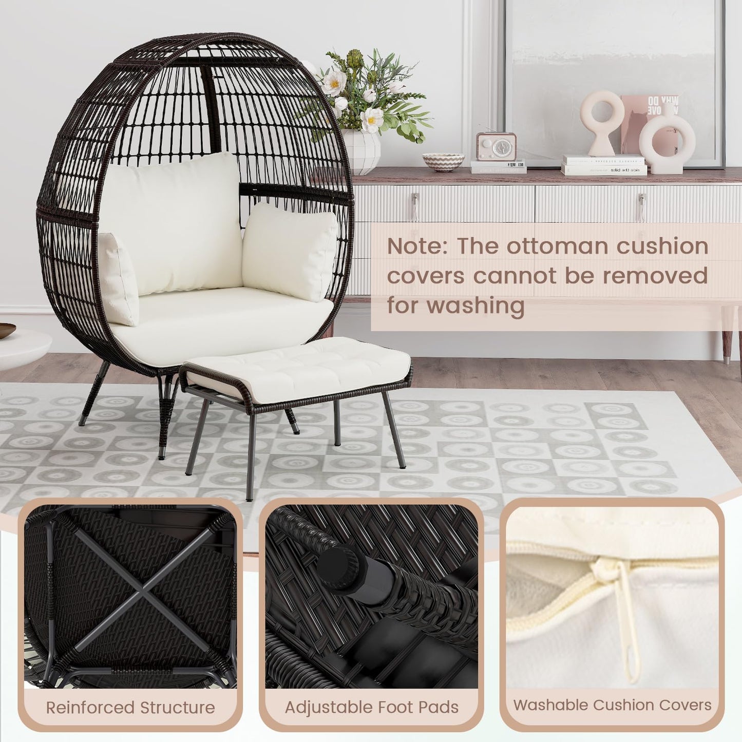 Tangkula Oversized Wicker Egg Chair with Ottoman, Patio Lounge Basket with 5 Soft Cushions, Stable Metal Frame, Gorgeous Indoor Outdoor Lounge Chair, Ideal for Living Room, Backyard, 450 LBS Max Load