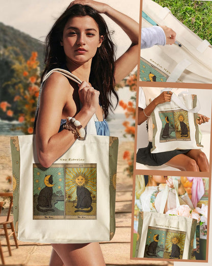 Miss Adola Large Canvas Tote Bag for Women - with Zipper and Inner Pocket Aesthetic Cute Shoulder Bag Reusable Grocery Shopping Bags Cotton Tote Bag for Gym Daily Travel, Sun Moon Cats