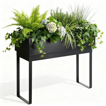 WORTH Raised Metal Planter Box with Legs, 28" Elevated Garden Bed for Indoor & Outdoor Use – Matte Black Galvanized Steel Planter with Inner Shelf, Drainage Hole & Plug for Vegetables, Flowers & Herbs