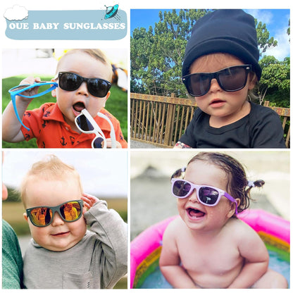 Hycredi Flexible Polarized Baby Sunglasses with Strap for Newborn Infant Boys Girls Age 0-24 Months-Matte Black/Grey +Black/Blue Mirrored
