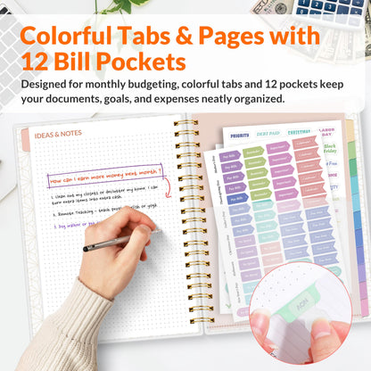 SUNEE Budget Planner - Deluxe Monthly Budget Book with 12-Pockets for Bill Organizer, Undated 12 Month Expense Tracker Notebook & Account Book B5 Size (8" x 10") to Manage Your Finance Planner, Black