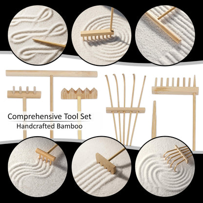 Island Falls Home Zen Garden Kit 11x8in. Beautiful Japanese Decor Mini Rock Feature Gift Set for Home, Office Desk. Zen Sand Garden, 6 Tools, 15 Accessories. Sand Tray Therapy Desktop Meditation Room