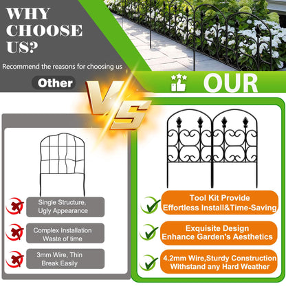 QIAOKAIYAN 24in(H) x 10.83ft(L) Decorative Garden Fence - Tall Garden Fence Animal Barrier 10 Pack Metal Fence Border Black No Dig Fence Panels Garden Fencing Border for Landscape Patio Yard Outdoor