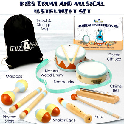 MINIARTIS Toddler Musical Instruments - Montessori Wooden Musical Toys for Toddlers 1-3 | Modern Boho Baby Drum Set with Neutral Colors Percussion Instruments | Kids Preschool Educational