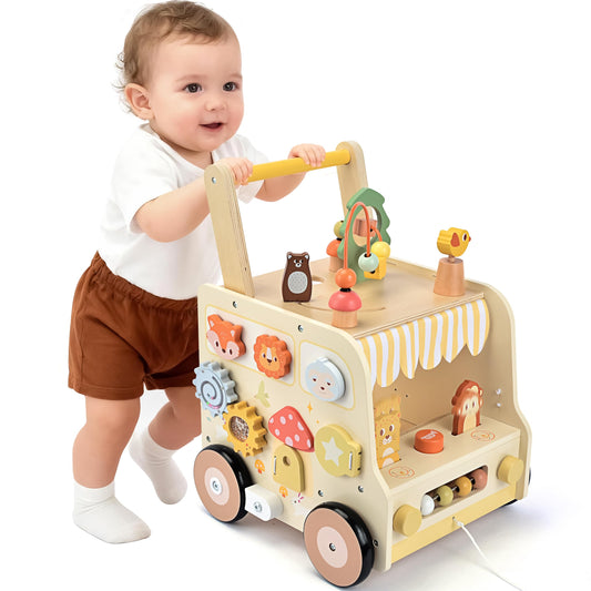 Pithfor Wooden Activity Cube Push Walker, Wooden Baby Walker, Montessori Toys for Babies 10-12 Months 1 2 3 Years Old Boys & Girls, Help Learning to Walk & Sit-to-Stand