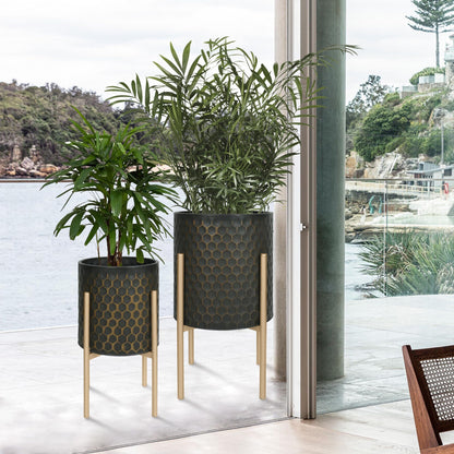 Oakrain Mid Century Planters for Indoor Plants, Set of 2, Modern Decorative Metal Pots for Living Room, Office, Garden or Balcony, Black&Golden Honeycomb, 10" &12"