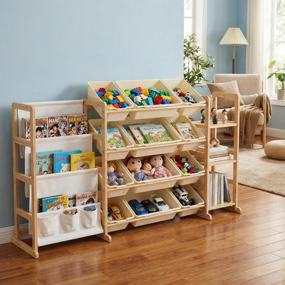 rhinowisdom Large Toy Storage Organizer with 12 Bins, 4-Tier Bookshelf & 3 Side Shelves, 59" Wide Kids Room Organization, Easy Assembly for Playroom, Bedroom, Nursery Room, White