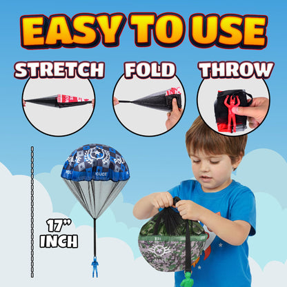 KiddieLoot Parachute Toys for Kids - (Pack of 4) Police, Army, Firefighter & EMT Figures w/Tangle-Free Parachutes - Outdoor Flying Toys for Kids, Party Favors, Birthday Gifts for Boys & Girls Ages 3+