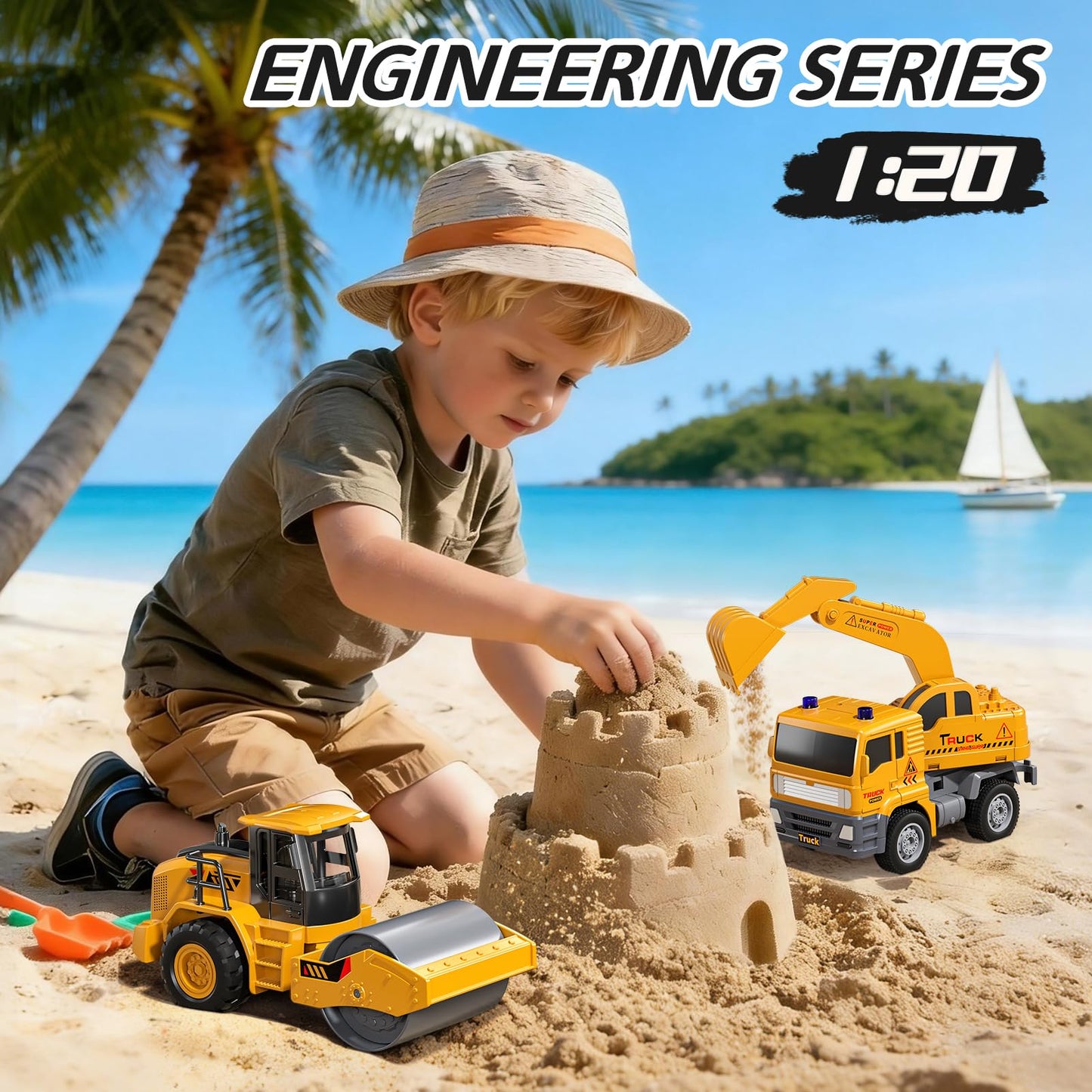 KukuFun 4-Pack Truck Toys for Boys 3-5 Year Old，Construction Sandbox Toy Set with Excavator，Indoor/Outdoor Sand Toys for Kids Toddlers Girls Age 3-8，Birthday Gifts