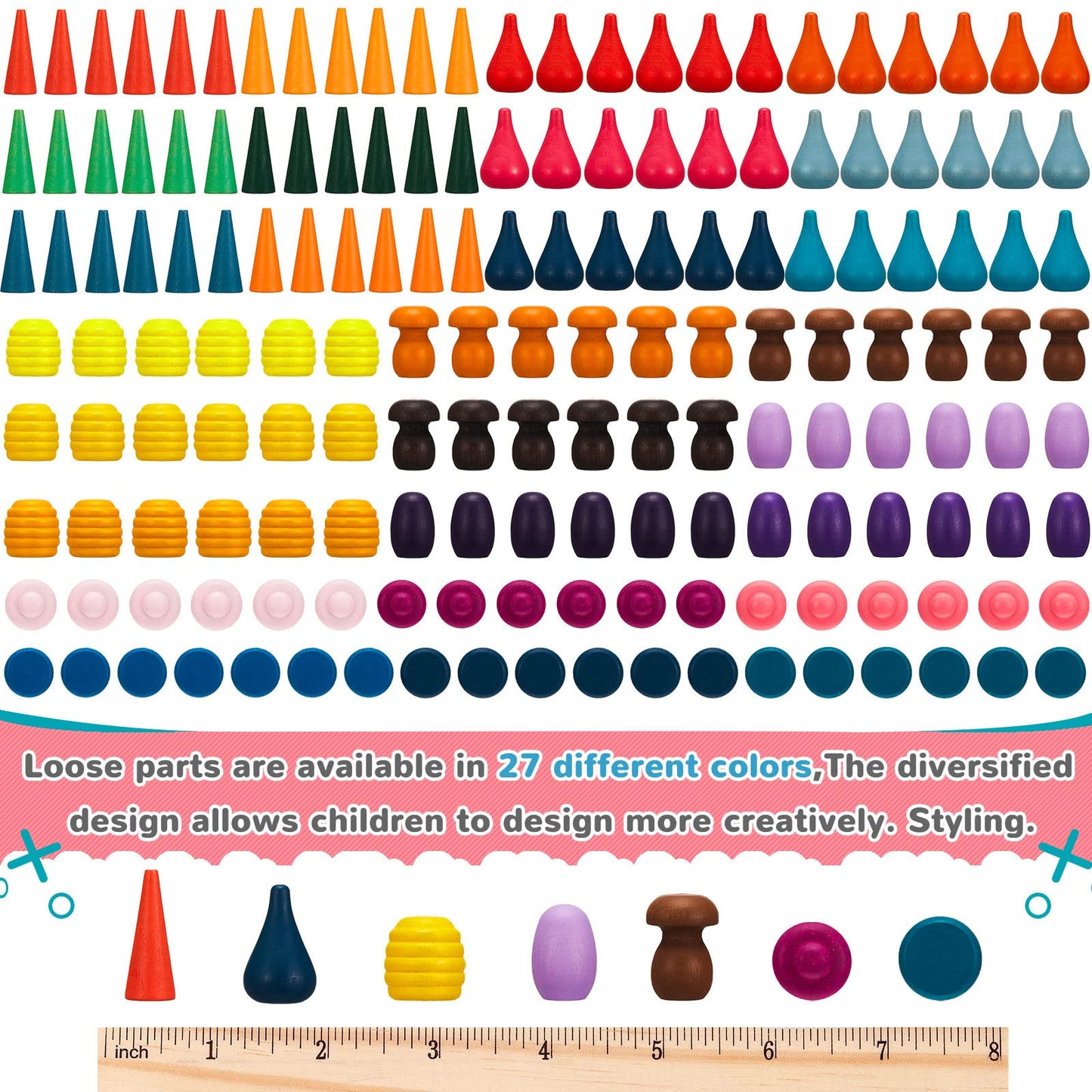 Chivao Loose Parts Play Materials Set Wooden Mandala Toys Kit Wood Sensory Play Toys 27 Rainbow Color 7 Shapes Loose Parts for Teens Students Early Learning Materials (81)