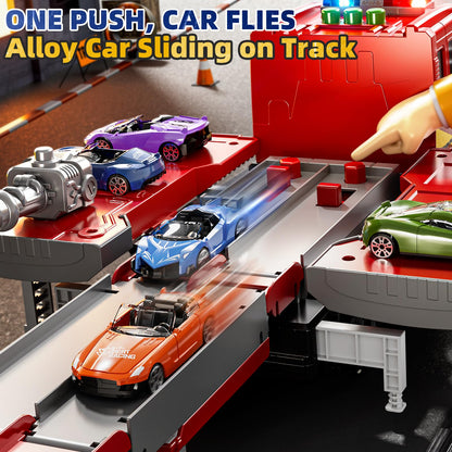 DULONIME Fire Trucks for Toddlers 1-3, Firetruck Toys for Toddlers 1-3 3-5, Folded Carrier Truck Race Track with 6 Racing Car Toys, Light Sound, Birthdays for Kids Girls Aged 3-9