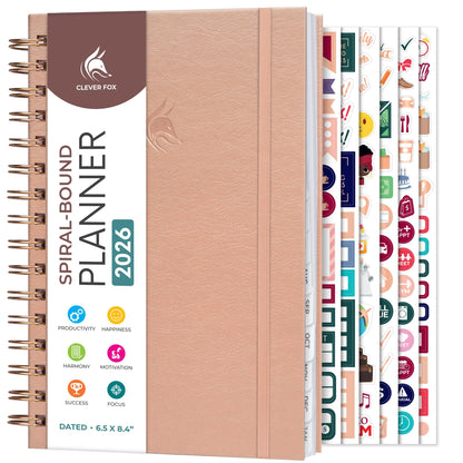 Clever Fox Dated Planner with Tabs 2026 – Weekly & Monthly Spiral Planner with Habit Tracker for Goal Setting & Time Management (Rose Gold)