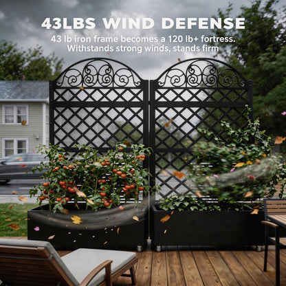 Privacy Planters for Patio, 73" Ornamental Metal Planter Box with Trellis & Locking Wheels, Scrollwork Arch Raised Garden Bed for Climbing Plants Roses Vines, Outdoor Flower Box with Drainage