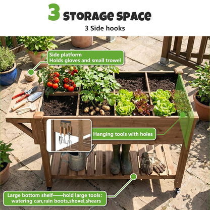 33"H Raised Garden Bed with Wheels, Ergonomic Elevated Wood Planter Box with Shelves and Root Drainage, Upgraded Metal W-Shaped Sturdy, Ideal for Vegetable Herb Flower, Backyard Balcony Patio
