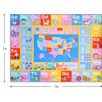 OHDS Kids Rugs for Playroom - Soft & Non-Slip 5x7 Feet Educational Rug for Learning ABC Alphabet, Numbers, Shapes & Map, Washable Classroom Rug for Toddler Nursery & Kids Room Decor