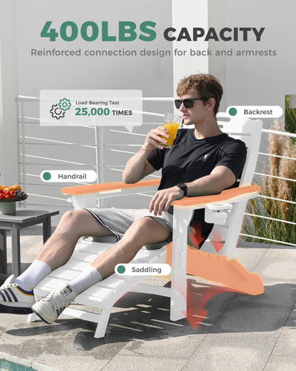 SUUNYN Folding Adirondack Chair with Retractable Ottoman, Weather Resistant Fire Pit Chair Patio Chair with 2 Cup Holder Lawn Outdoor Lounge Chair (White)