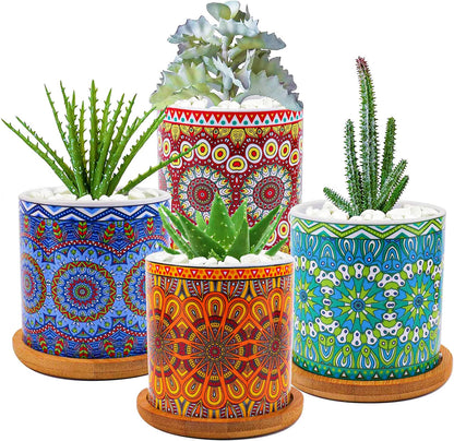 Yesland 4 Pack Succulent Plant Pots with Bamboo Tray, 3 Inch Ceramic Mandalas Pattern Cylinder Planter & Flower Pots with Drainage Hole, for Flowers, Cactus, Home, Garden, Office Decoration
