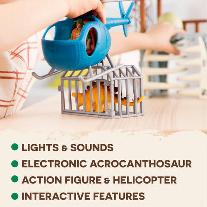 Terra by Battat – 13 Pieces Jungle Expedition Big Playset – Electronic Dinosaur with Light– Up Eyes – Movable Roaring Acrocanthosaurus & Helicopter with 2 Surprise Dinosaur Toys for 3+ Years